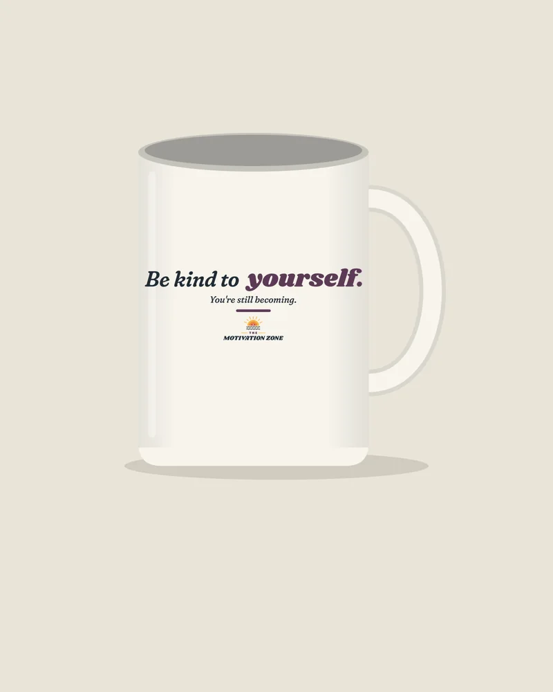 White mug with the print “Be kind to yourself.”, view (illustration)