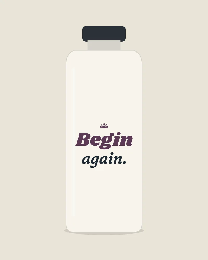 White water bottle with the print “Begin again.”, view (illustration)