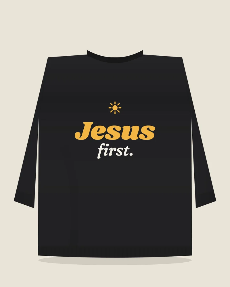 Black crewneck sweatshirt with the print “Jesus first.”, back view (illustration)