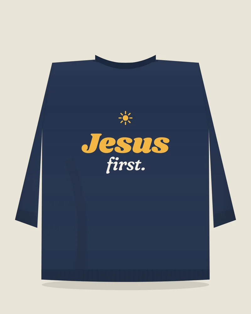 Navy crewneck sweatshirt with the print “Jesus first.”, back view (illustration)