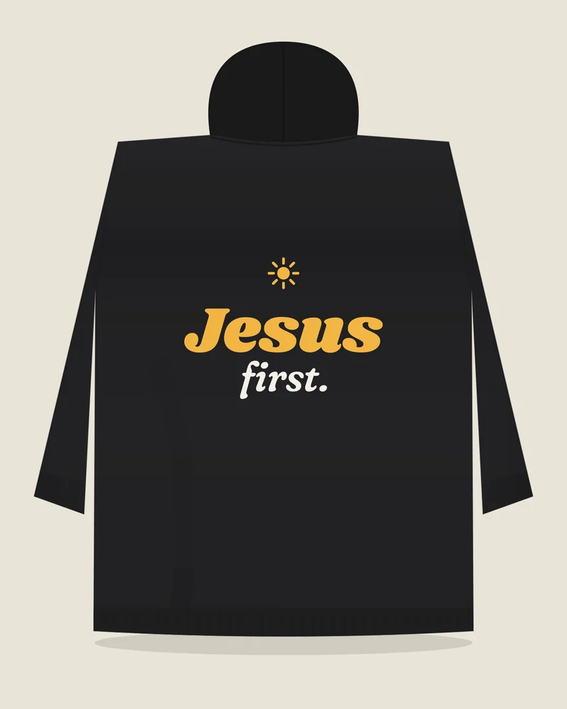 Black hoodie with the print “Jesus first.”, back view (illustration)