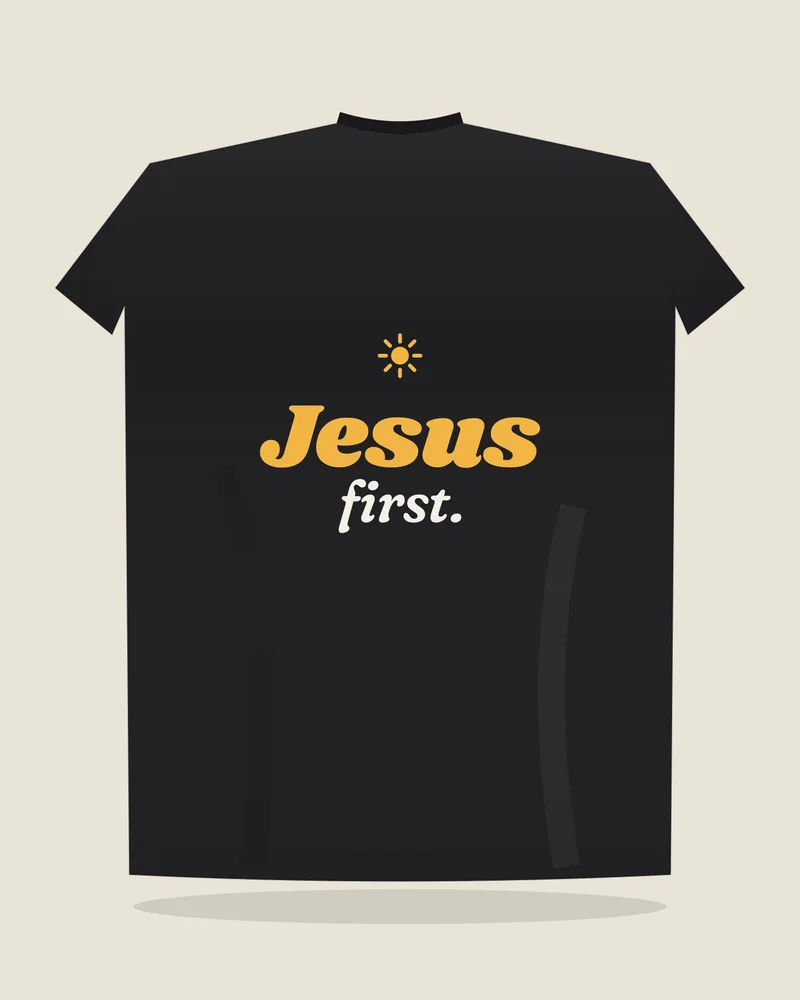 Black tee with the print “Jesus first.”, back view (illustration)