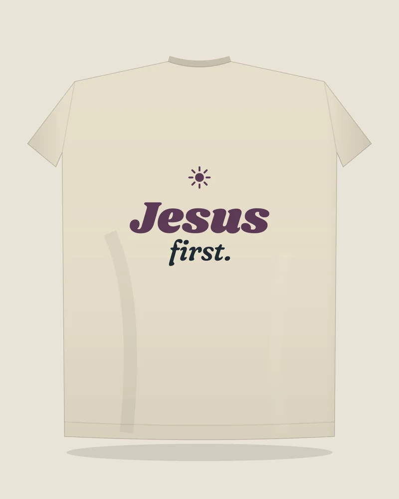 Natural tee with the print “Jesus first.”, back view (illustration)