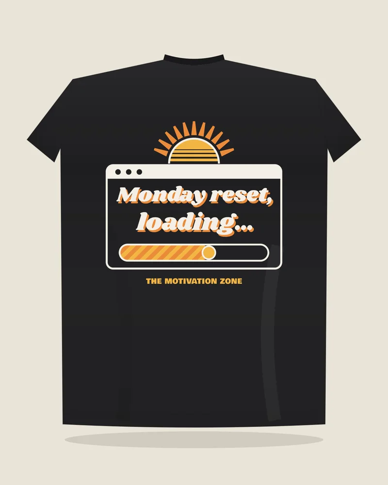 Black tee with the print “Monday reset.”, back view (illustration)