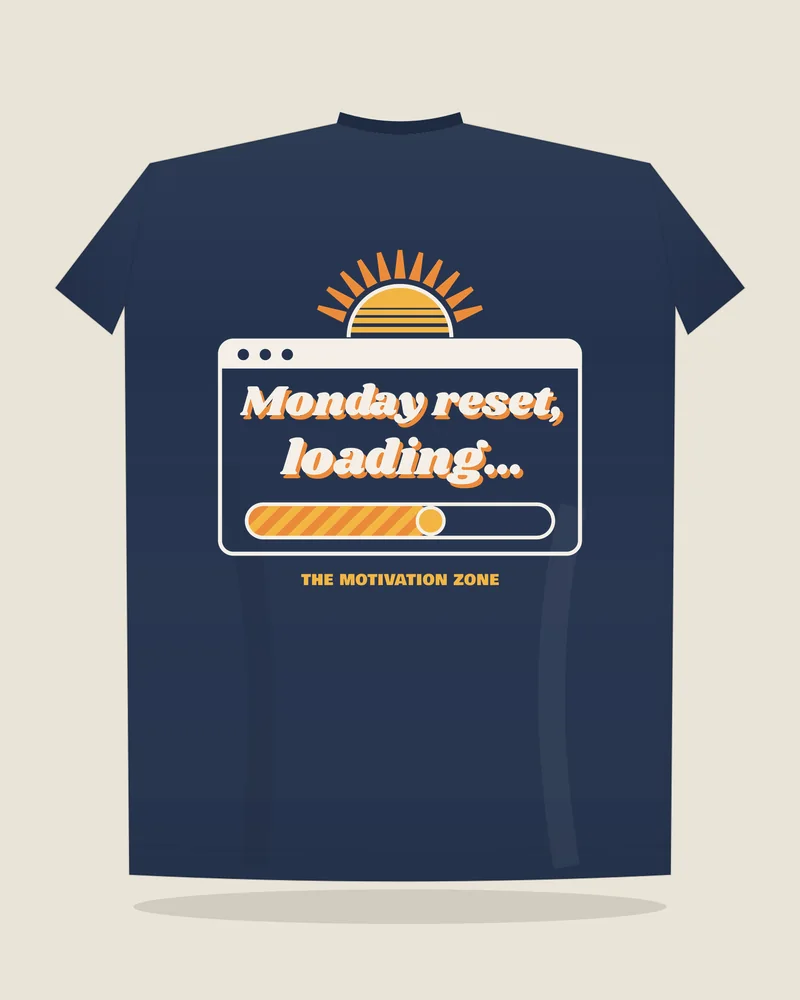 Navy tee with the print “Monday reset.”, back view (illustration)