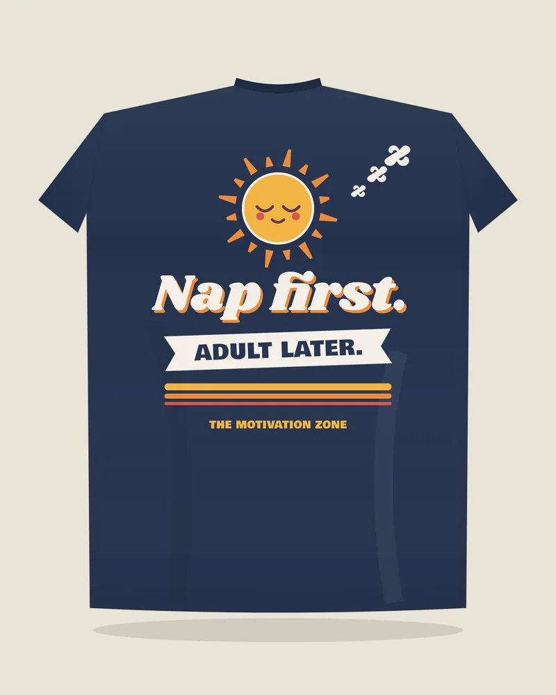 Navy tee with the print “Nap first.”, back view (illustration)