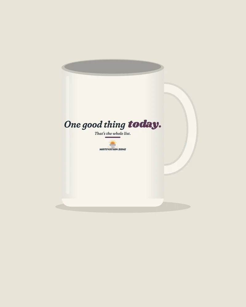 White mug with the print “One good thing today.”, view (illustration)
