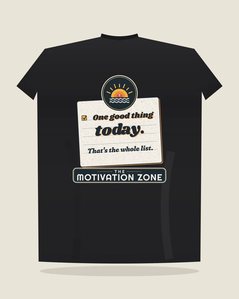 Black tee with the print “One good thing today.”, back view (illustration)