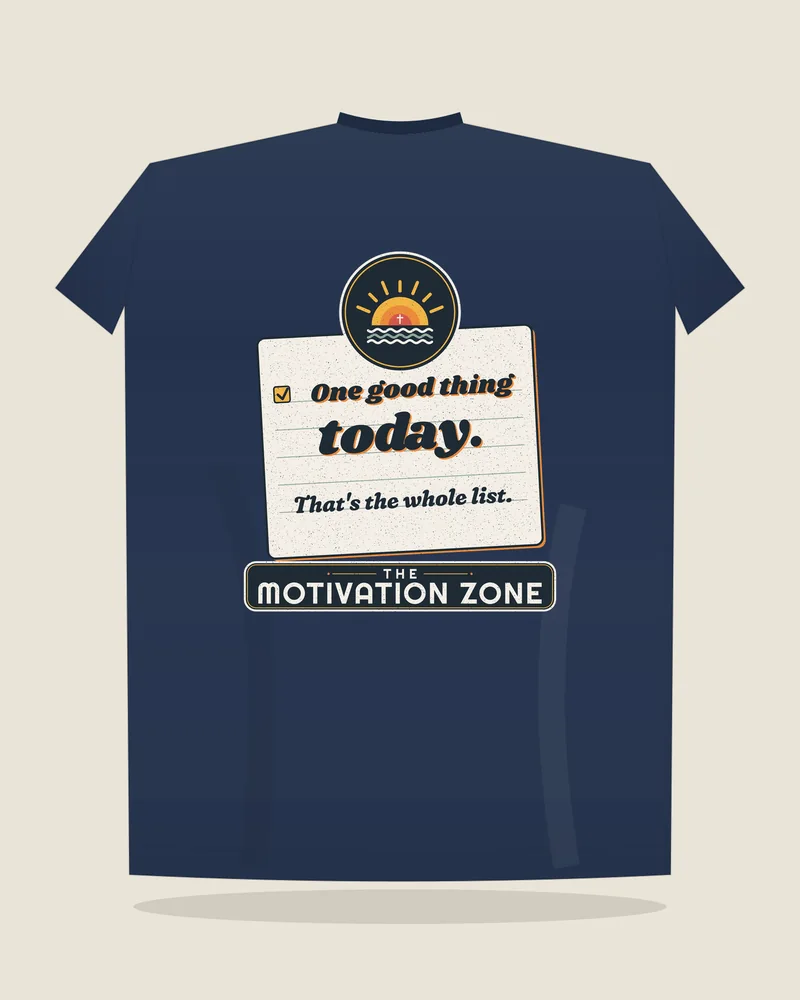 Navy tee with the print “One good thing today.”, back view (illustration)