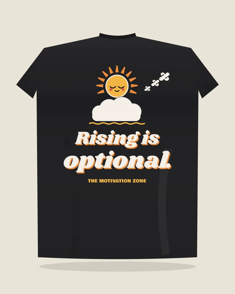 Black tee with the print “Rising is optional.”, back view (illustration)