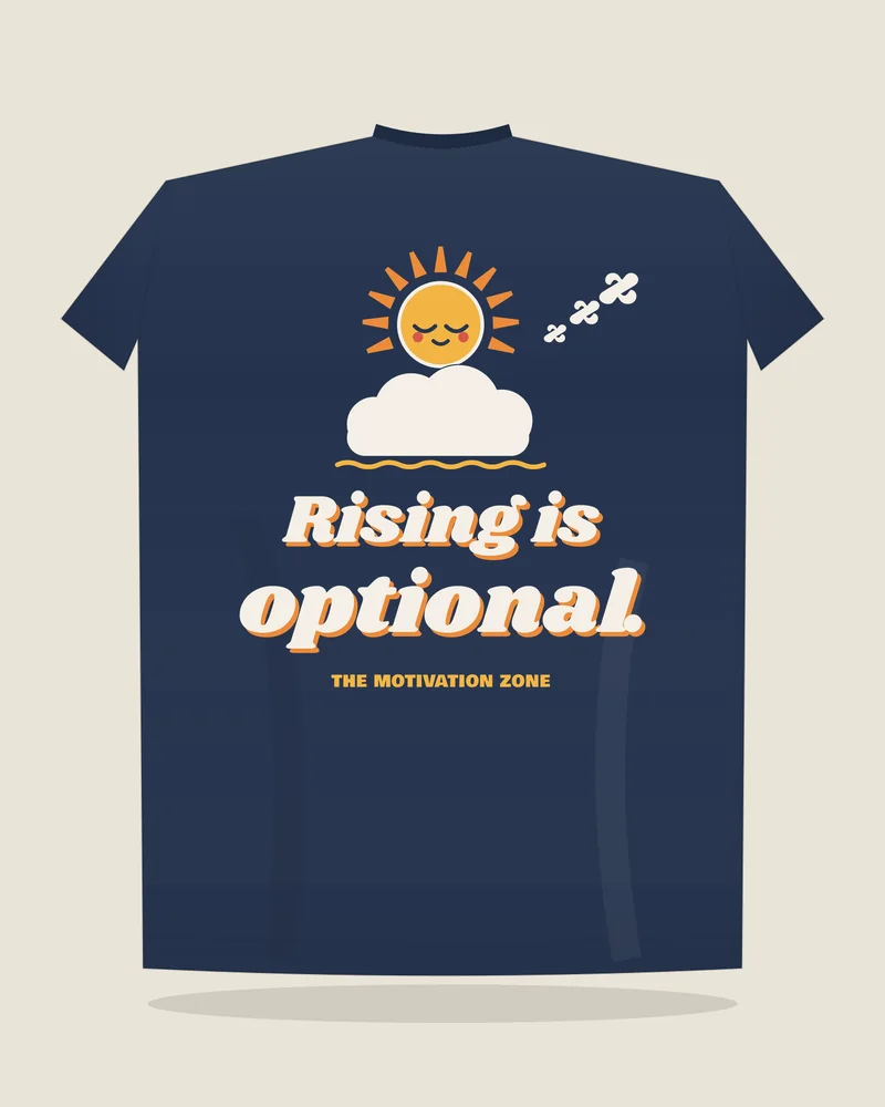 Navy tee with the print “Rising is optional.”, back view (illustration)