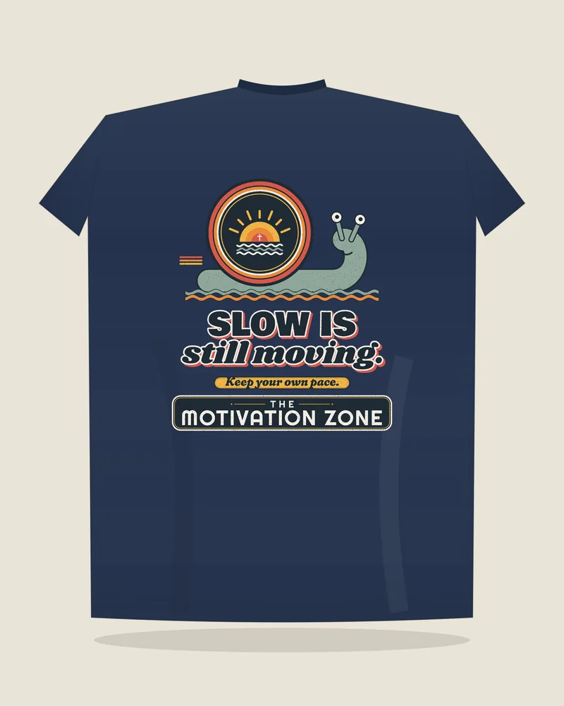 Navy tee with the print “Slow is still moving.”, back view (illustration)