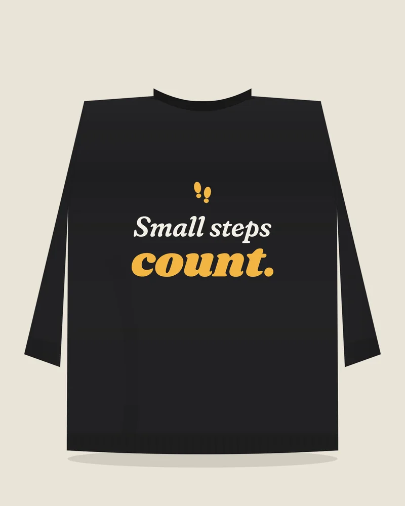 Black crewneck sweatshirt with the print “Small steps count.”, back view (illustration)