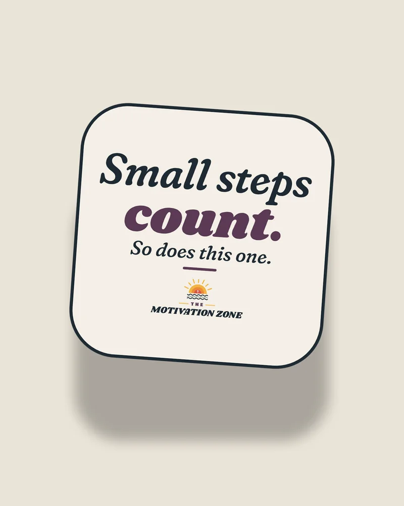 White sticker with the print “Small steps count.”, front view (illustration)