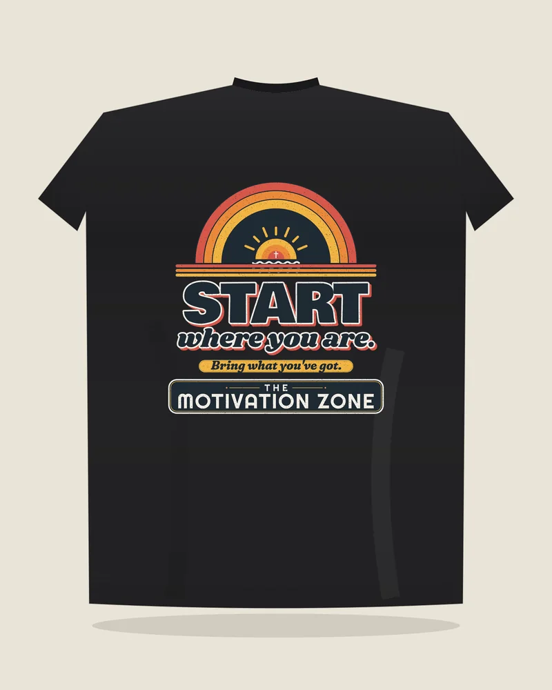 Black tee with the print “Start where you are.”, back view (illustration)