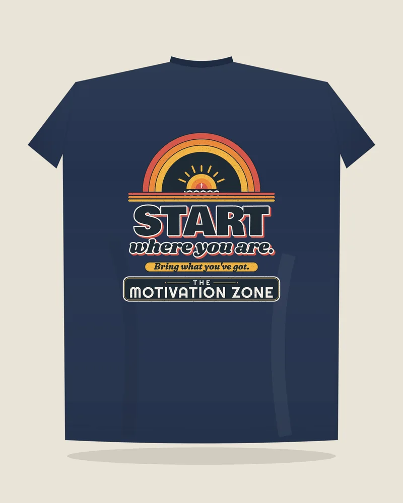 Navy tee with the print “Start where you are.”, back view (illustration)