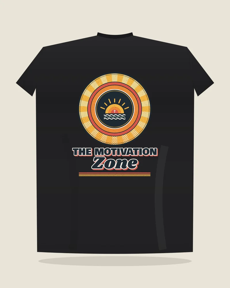 Black tee with the print The Motivation Zone, back view (illustration)