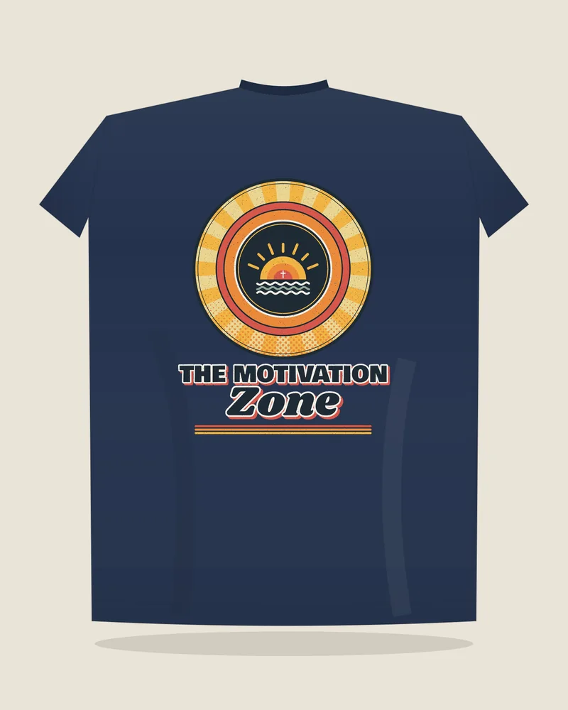 Navy tee with the print The Motivation Zone, back view (illustration)