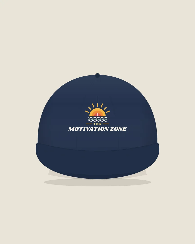 Navy trucker hat with the print The Motivation Zone, front view (illustration)