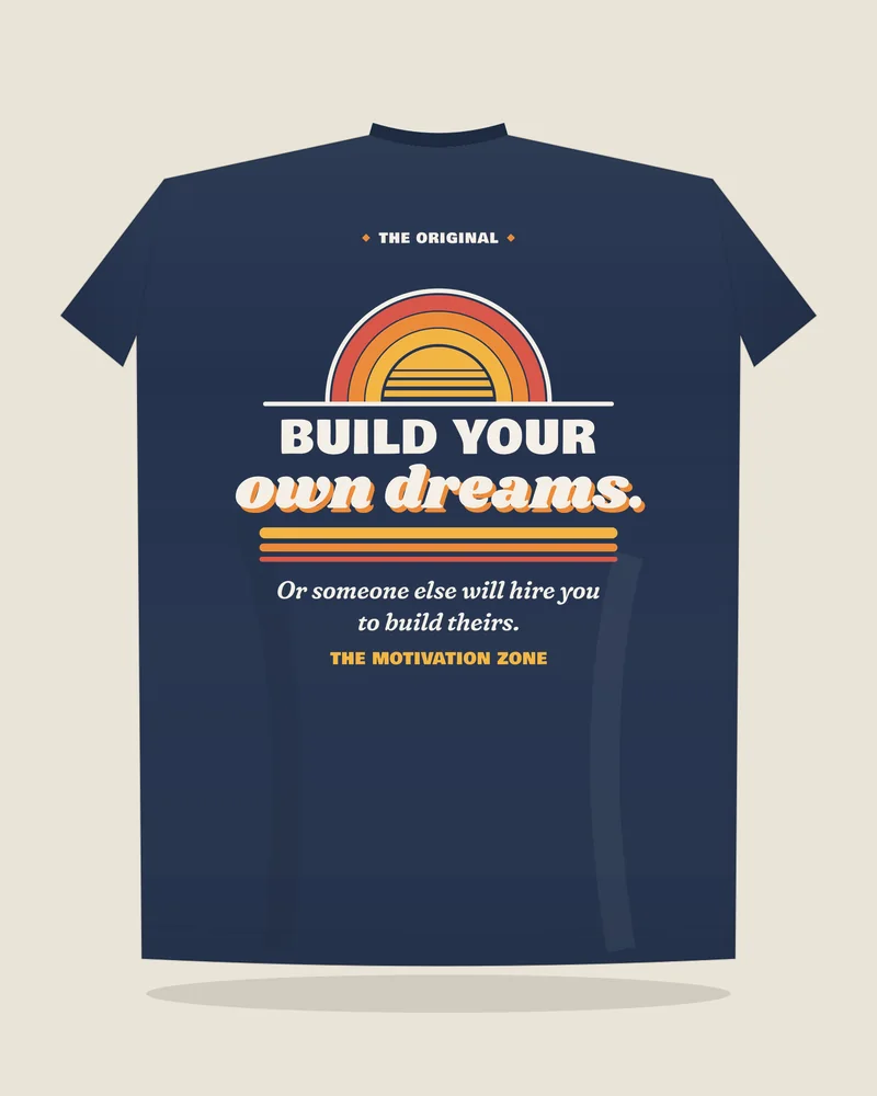 Navy tee with the print “The original.”, back view (illustration)