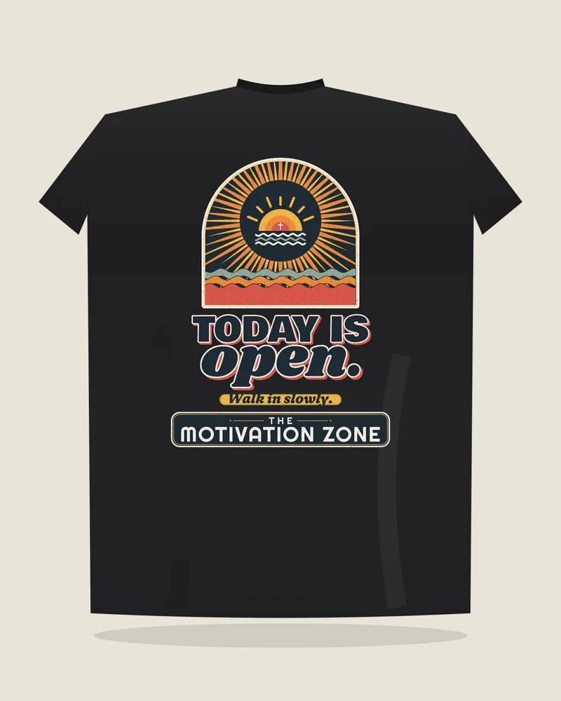 Black tee with the print “Today is open.”, back view (illustration)