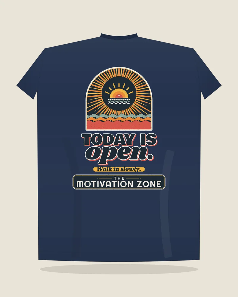 Navy tee with the print “Today is open.”, back view (illustration)