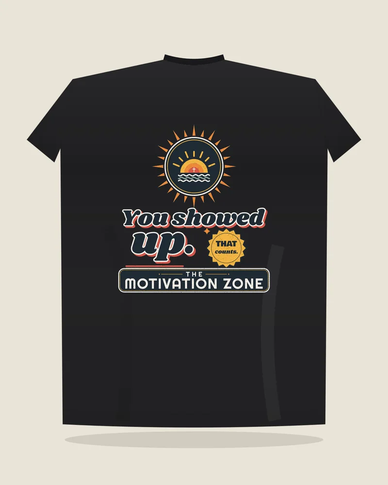 Black tee with the print “You showed up.”, back view (illustration)