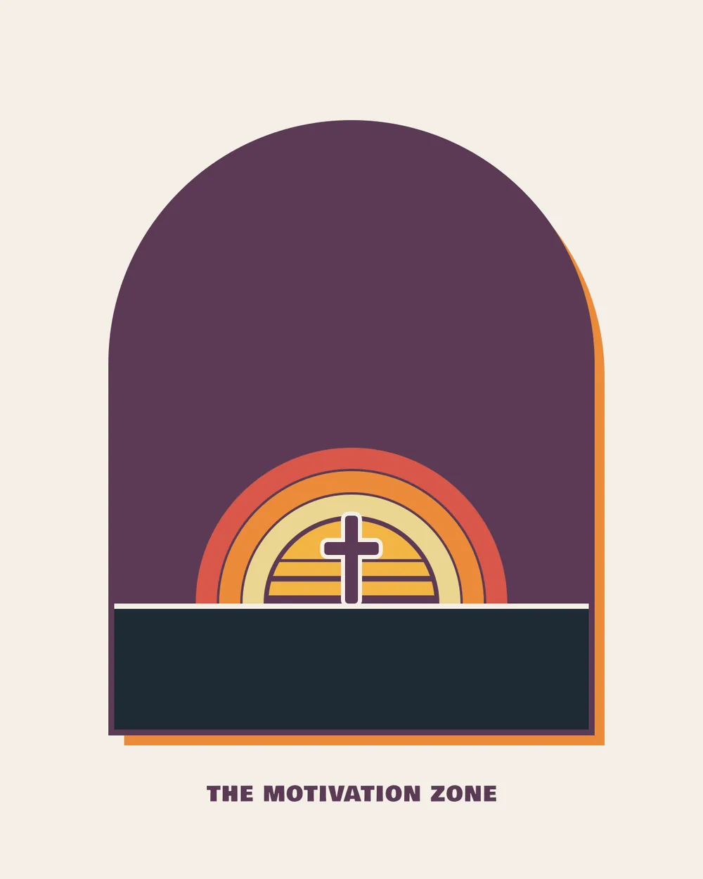 A rising sun behind a small cross inside an arch